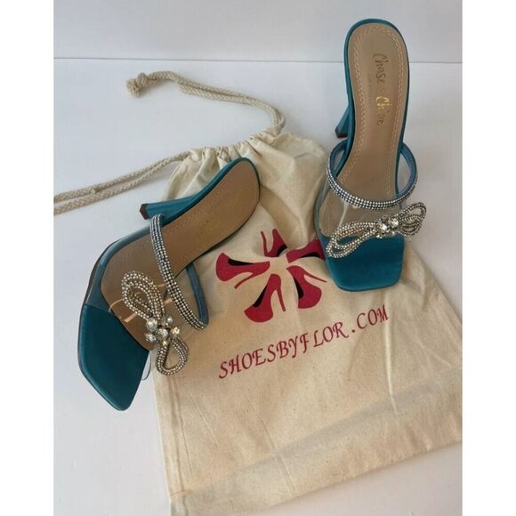 Chase+Chloe Shoes - CHASE+CHLOE/ Turquoise Bow / Blue / Rhinestone / Embellished/  Heeled Sandals